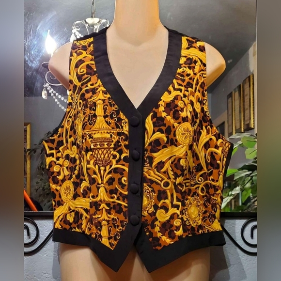 VTG Luxury 100% Silk Gillian Black Gold Ornament Print Baroque Vest Size 12 - Picture 4 of 7